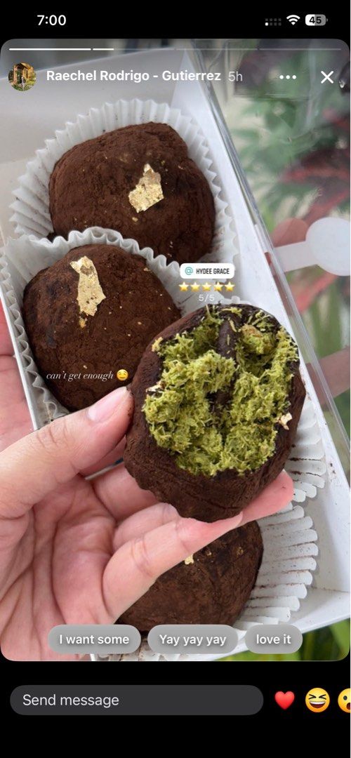 Dubai chewy cookies (Category: Other Food & Drinks) located in Malvar. Submitted by hddecants (Listing ID 1424628219, Image 1). Description: - Delicious gourmet chocolate truffles - Some truffles are topped with gold leaf - Includes one truffle with a green filling - 5/5 star rating - Ideal for a sweet treat or special occasion.