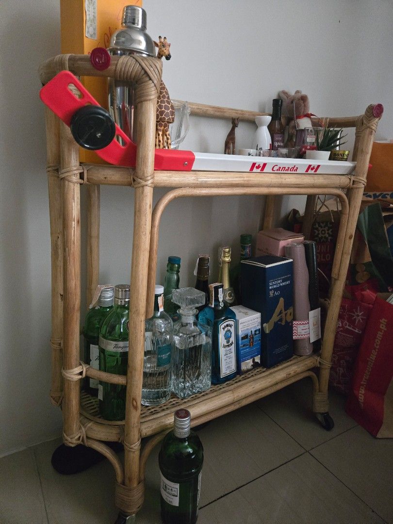 Rattan Bar Cart (Category: Other Home Furniture) located in Pasig City. Submitted by izzy0202 (Listing ID 1424702550, Image 2). Description: custom made by e.murio for over Php 30,000 in 2021 -needs minor varnishing.
