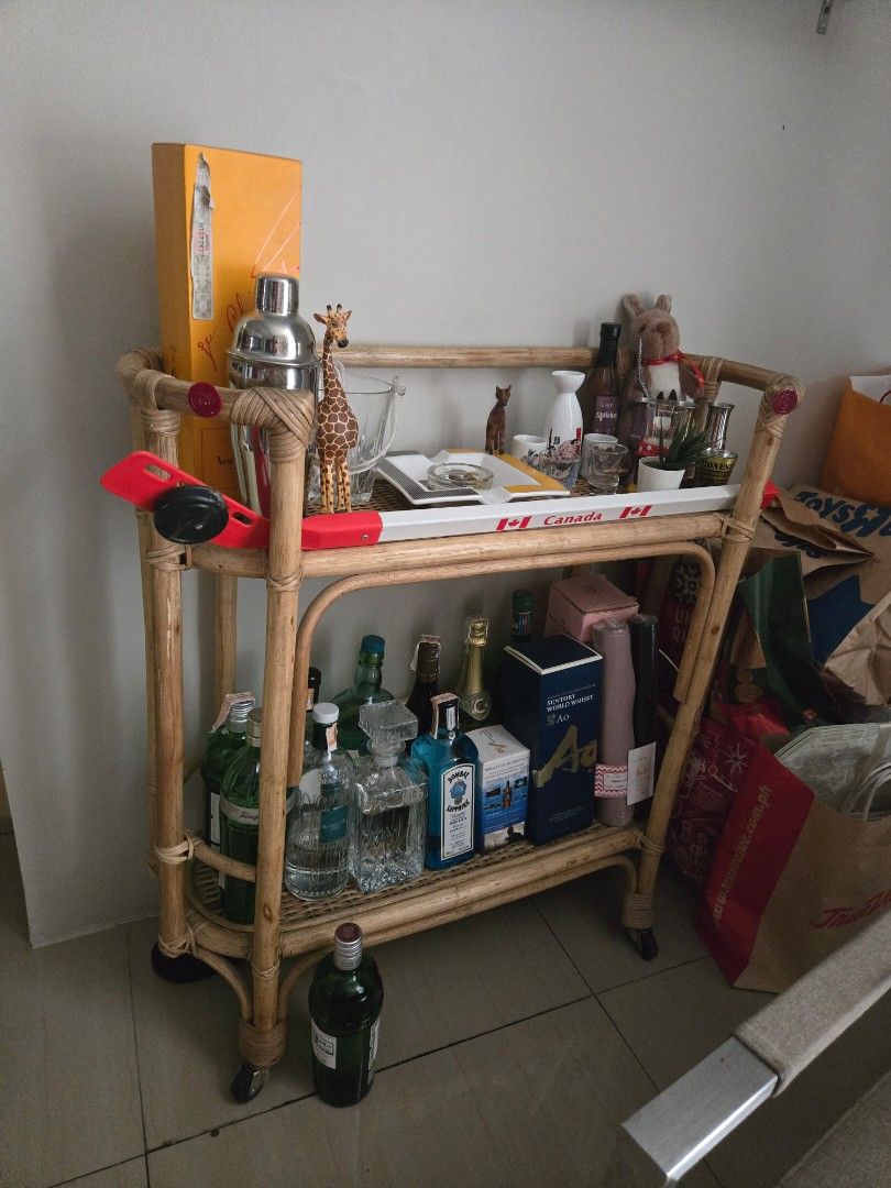 Rattan Bar Cart (Category: Other Home Furniture) located in Pasig City. Submitted by izzy0202 (Listing ID 1424702550, Image 1). Description: custom made by e.murio for over Php 30,000 in 2021 -needs minor varnishing.