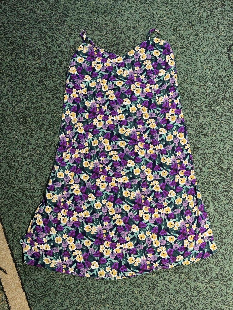 Floral Print Spaghetti Strap Dress (Category: Dresses) located in Quezon City. Submitted by eurekae (Listing ID 1424620852, Image 1). Description: - used once -fits small to medium frame (27-29wl) -Vibrant floral print with purple, yellow, and green flowers - Spaghetti straps - Scoop neckline - Tie-up back detail - Lightweight fabric - Flowing A-line silhouette - Ideal for warm weather.
