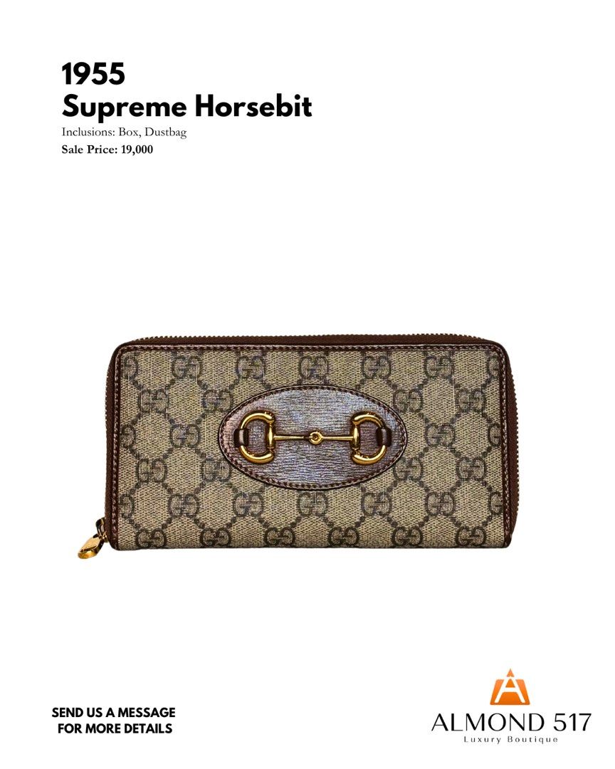Gucci 1955 Supreme Horsebit Wallet (Category: Luxury Bags & Wallets) located in Taguig. Submitted by reimac_almond517 (Listing ID 1424617327, Image 1). Description: - Authentic Gucci 1955 Supreme Horsebit Wallet - Iconic Horsebit detail - Includes original box and dustbag - Features the classic GG pattern - Stylish and functional design.