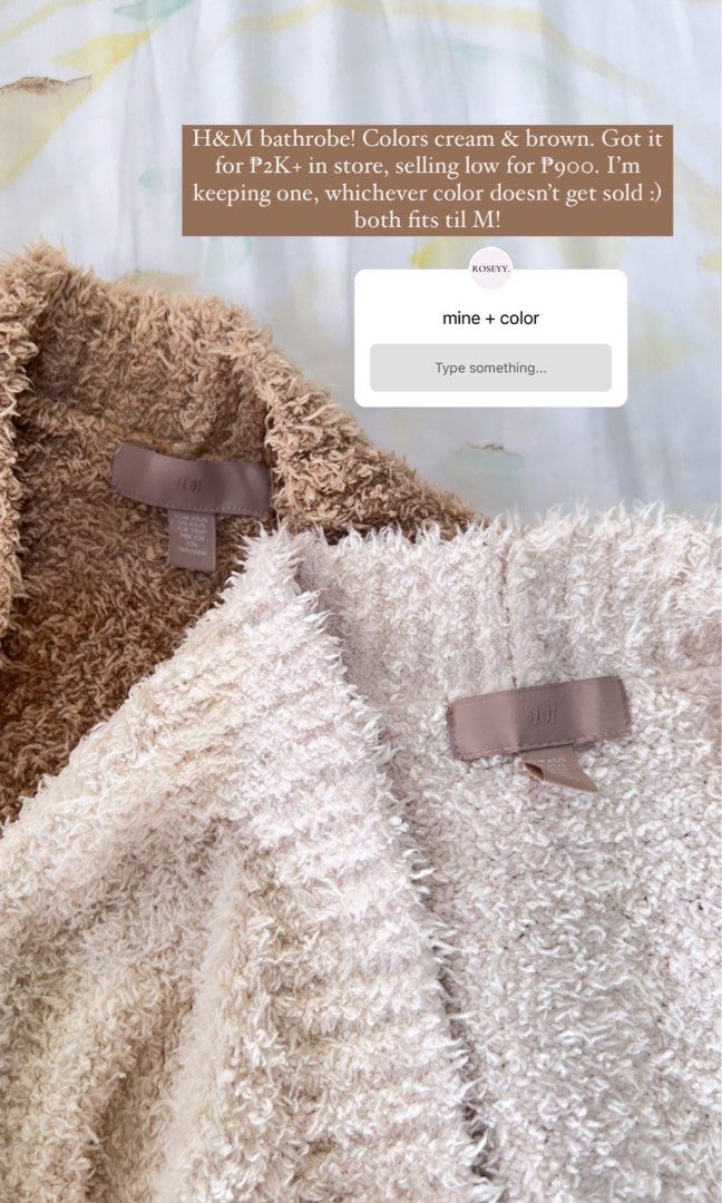 H&M Bathrobe - Cream or Brown (Category: Bath) located in Cebu City. Submitted by roseyyshop (Listing ID 1424685422, Image 2). Description: UPDATE: CREAM SOLD ‼️ H&M Bath Robe Fits until M! In excellent condition, barely used! Bought these in store for ₱2K+ each. Selling low for ₱800 each! Both are for sale :) .
