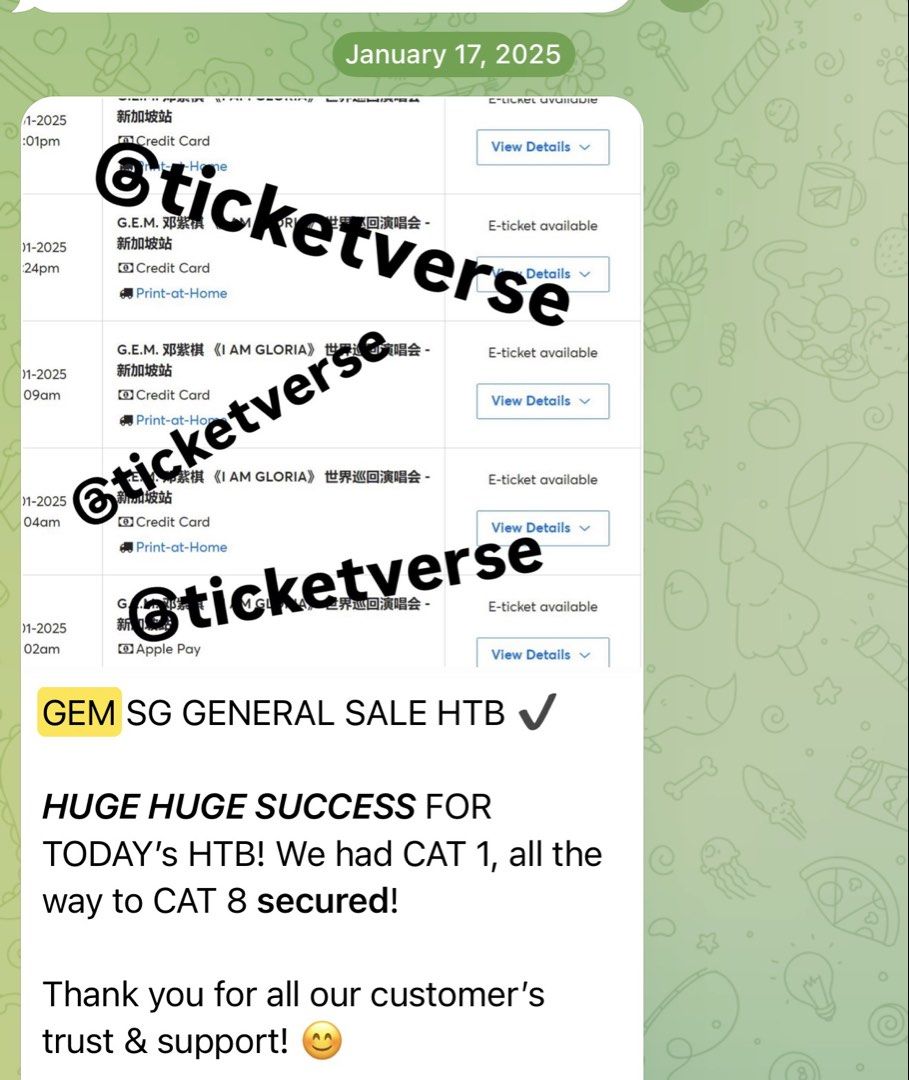 [PRESALE HTB ✅] G.E.M. 鄧紫棋 世界巡迴演唱會 新加坡站 GEM I AM GLORIA in Singapore HTB | WTS CAT 1 2 3 4 5 6 7 (Category: Event Tickets) located in Singapore. Submitted by ticketverse (Listing ID 1424597928, Image 2). Description: [𝗢𝗥𝗗𝗘𝗥 𝗡𝗢𝗪] For more details, view our events & 500+ proofs, please join our tele ~ linktr.ee/ticketversesg (PM our admin ~ over 2.6k members!) 𝗪𝗵𝘆 𝗯𝘂𝘆 𝗳𝗿𝗼𝗺 𝗧𝗶𝗰𝗸𝗲𝘁𝗩𝗲𝗿𝘀𝗲? 💯 5 Stars Verified Seller, Afford