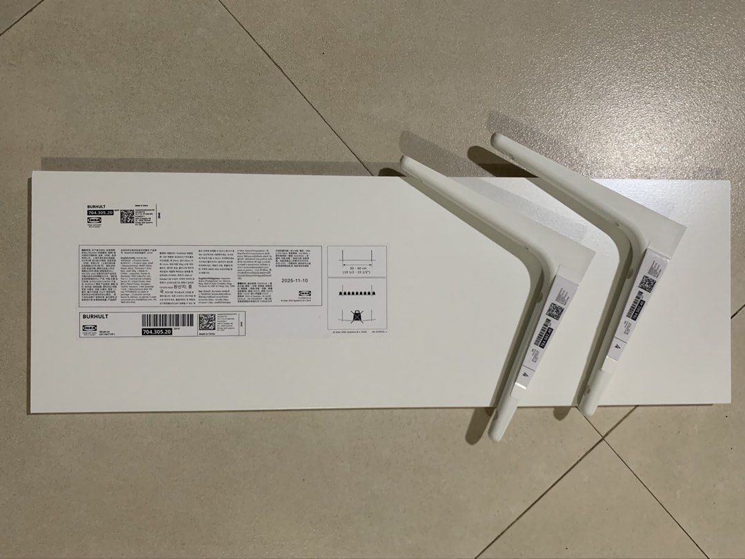 IKEA Wall Shelves| Wall Shelf| Shelves with FREE Bracket (Category: Shelves, Cabinets & Racks) located in Marikina City. Submitted by mom.open.cabinet (Listing ID 1424576949, Image 2). Description: IKEA Shelves with FREE 2 Brackets *Screws are not included* Shelf can carries max 22lbs (10kg) when properly mounted on the wall. Super Tibay!!! Material: Particleboard, Paper foil, Plastic Edging Measurements: Width: 23 1/4 " Depth: 7 7/8 " Thickness: