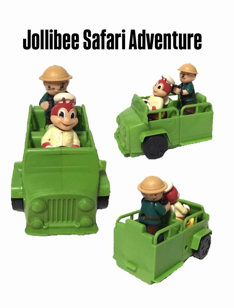 Jollibee Collectible Toys Bundle Php550 all (Category: Kids Toys) located in Manila. Submitted by iyasellsph (Listing ID 1424612493, Image 3). Description: Jollibee Collectible Toys Take all for Php550 Safari Adventure Jeep Jollibee & Mr. Yum Php450 both Jollibee and Mr. Yum, sold as set only 2 of the 5 Safari Adventure Jeep connectible toys issued April 2021 Jeep 3x 2.5 inches 4 inches high with figures aboard Each cart is connectible Bottom whe