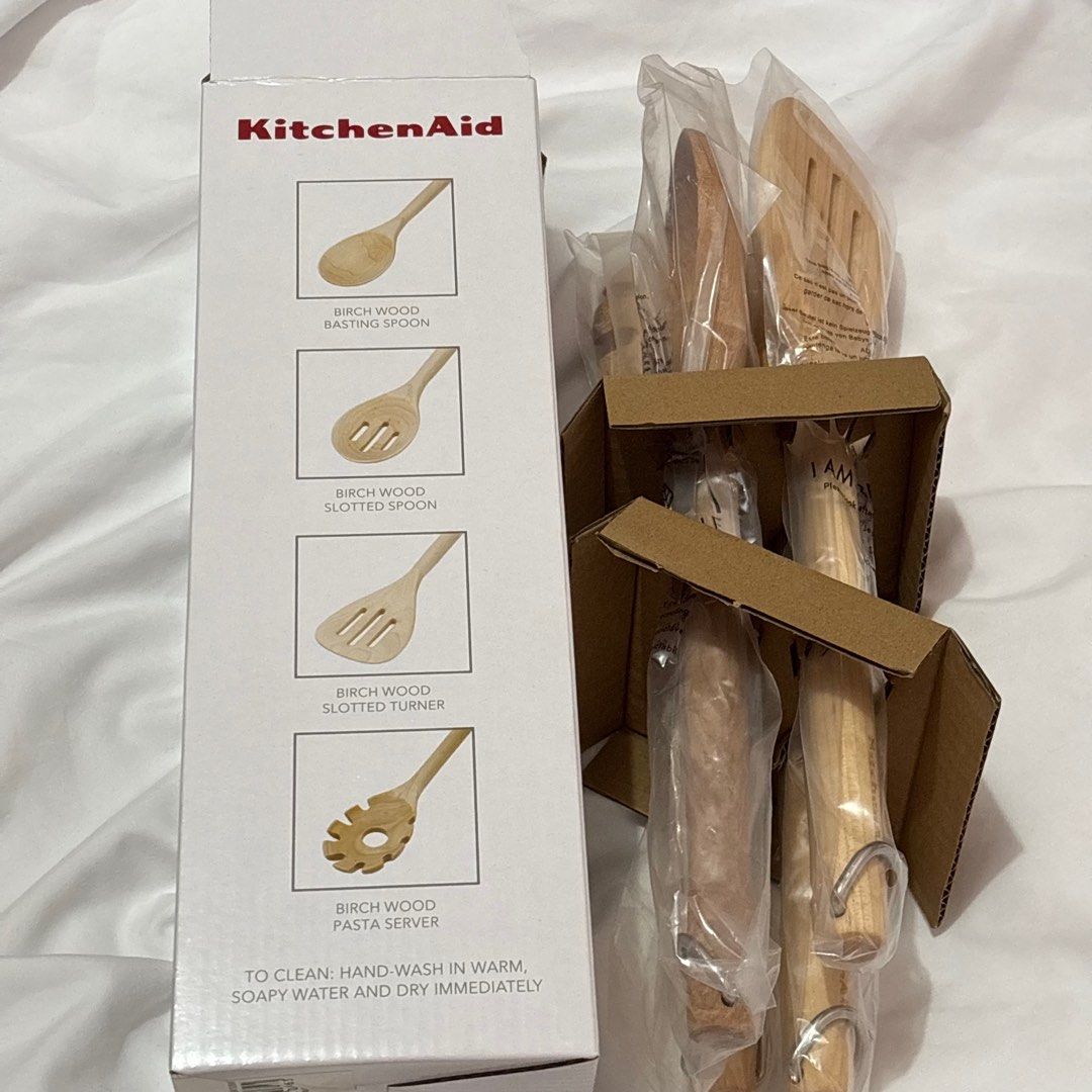 KitchenAid 4-Piece Birch Wood Tool Set (Category: Other Kitchenware & Tableware) located in Manila. Submitted by shop.declutter (Listing ID 1424564408, Image 2). Description: 4 Piece Tool Set - Basting Spoon - Slotted Spoon - Slotted Turner - Pasta Server Made of birch wood Safe for all cookware, including non-stick Has a hanging hook for easy storage .