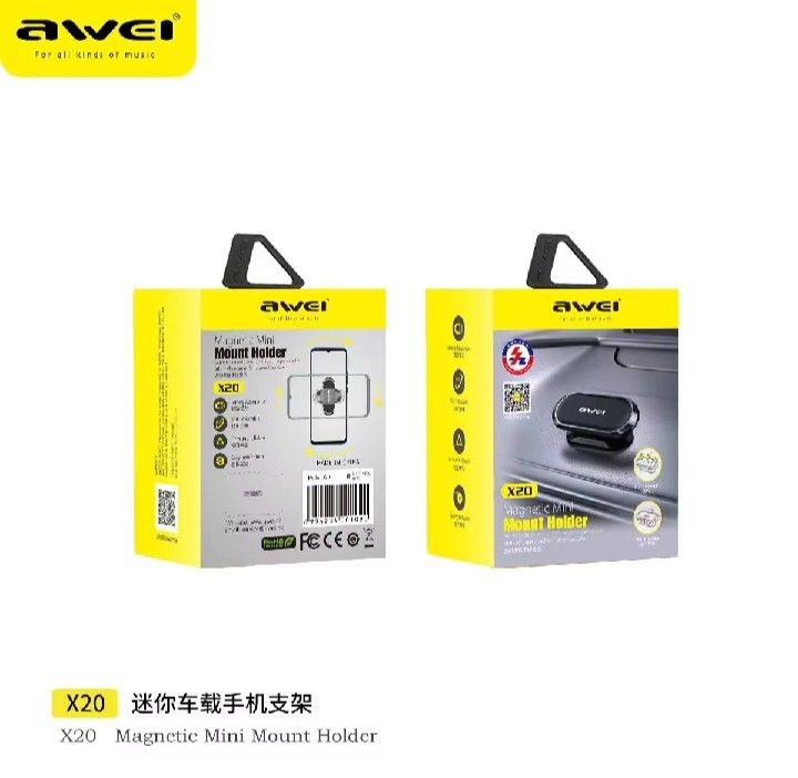 ORIGINAL Awei X20 Magnetic Mini Mount Holder (Category: Mounts & Holders) located in Manila. Submitted by iliasjen (Listing ID 1424698048, Image 2). Description: Awei X20 is a magnetic mini mount holder for cellphones. It is compatible with most cellphones on the market, suitable for 4.7 to 6.5 inches cellphones. It features a super strong magnet, 360° rotation, and one-hand operation. The mount is durable and stable, allowing you to drive withou