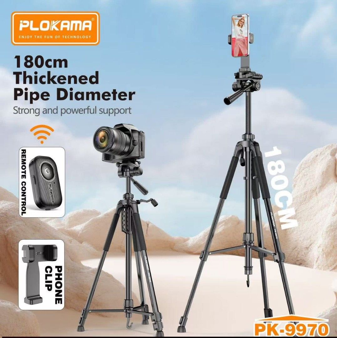 PLOKAMA PK-9970 180cm Camera Tripod (Category: Tripods & Monopods) located in Manila. Submitted by iliasjen (Listing ID 1424698491, Image 1). Description: HEAVY DUTY HIGH QUALITY FOR DSLR CAMERA AND FONE PK9970 180cm Tripod w/Remote .