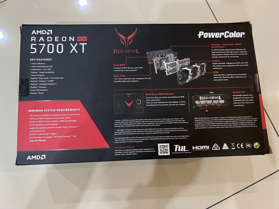 PowerColor Red Devil AMD Radeon RX 5700 XT 8GB (Category: Computer Parts) located in Petaling Jaya. Submitted by artful.loft (Listing ID 1424671296, Image 2). Description: - PowerColor Red Devil RX 5700 XT with 8GB memory - 7nm technology for efficient performance - Features Fidelity FX and FreeSync 2 HDR - RDNA architecture - Enhanced cooling with dual BIOS, backplate, and three fans - Distinctive Red Devil design - Comes with the original box.