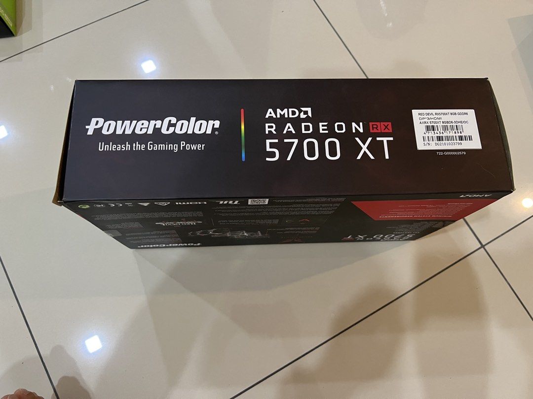 PowerColor Red Devil AMD Radeon RX 5700 XT 8GB (Category: Computer Parts) located in Petaling Jaya. Submitted by artful.loft (Listing ID 1424671296, Image 3). Description: - PowerColor Red Devil RX 5700 XT with 8GB memory - 7nm technology for efficient performance - Features Fidelity FX and FreeSync 2 HDR - RDNA architecture - Enhanced cooling with dual BIOS, backplate, and three fans - Distinctive Red Devil design - Comes with the original box.