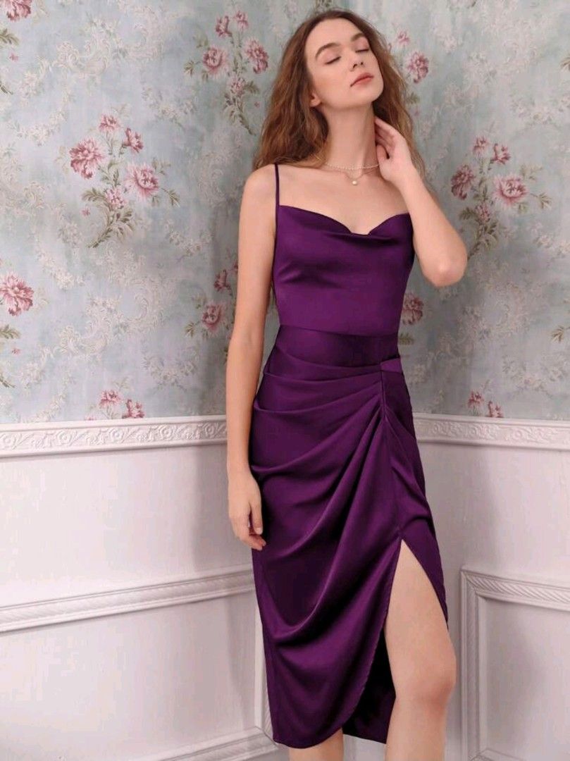 Purple Satin Midi Dress (Category: Dresses) located in Manila. Submitted by .decluttered (Listing ID 1424651168, Image 2). Description: Worn once. Will fit XS-S. .