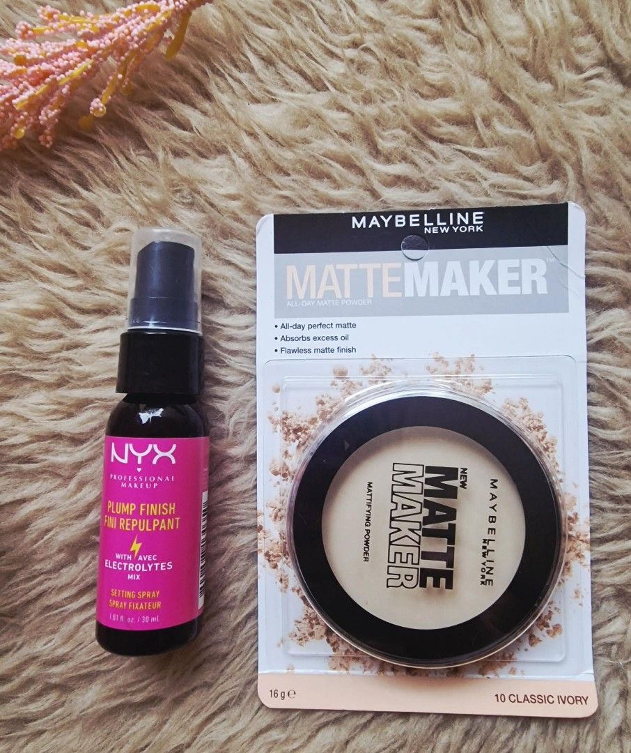 Setting Spray & Powder (Category: Makeup) located in Quezon City. Submitted by floreskari78555 (Listing ID 1424621129, Image 2). Description: Your ultimate daily essentials in one cute bundle! 💖 Bakit pa bibili ng paisa-isa kung pwede nang i-set? ​This complete bundle features the Maybelline Matte Maker Powder to keep you shine-free, and the NYX Plump Finish Setting Spray para lock in ang fresh makeup mo all day! Plus, kasama na rin ang mga perf
