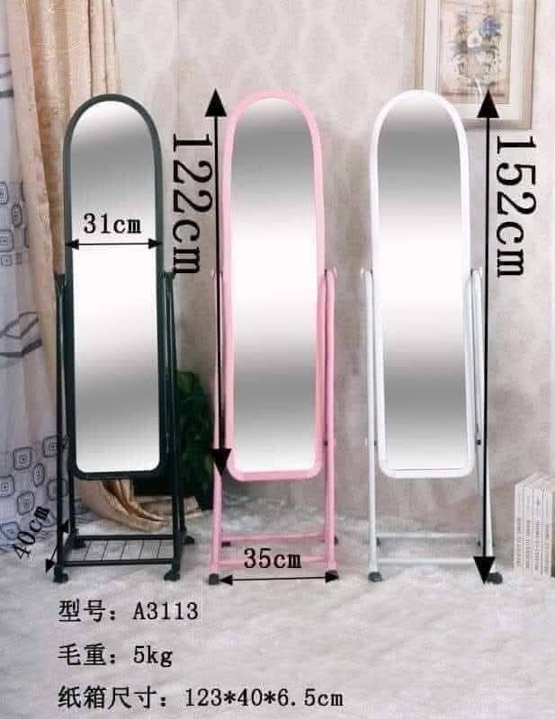 Standing Full Length Mirror (Category: Mirrors) located in Manila. Submitted by yzcartph (Listing ID 1424550705, Image 1). Description: Full-length standing mirror available in black, pink, and white frames. The mirror height is 152cm, with a width of 31cm. The base is 35cm wide and 40cm deep. Model A3113. The gross weight is 5kg. The packaging dimensions are 123*40*6.5cm..