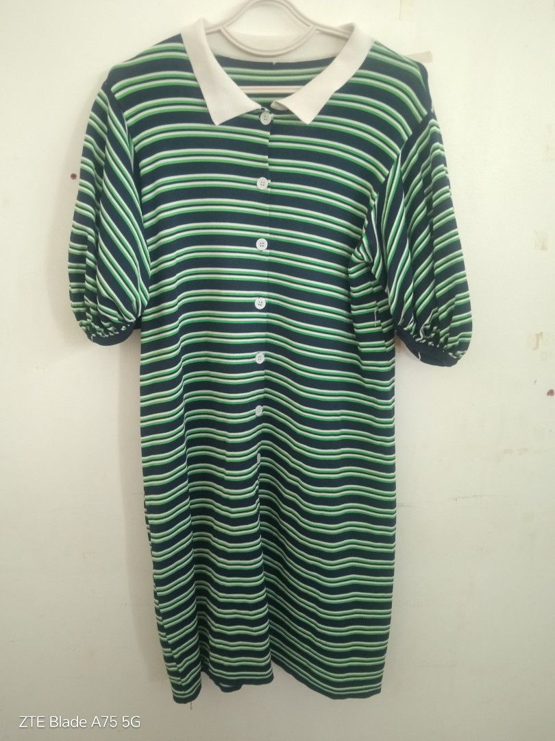 Striped Dress with White Collar (Category: Dresses) located in Manila. Submitted by berrymecreates (Listing ID 1424587162, Image 1). Description: - Green and navy striped pattern - White collar - Button-down front - Short sleeves with puff detail - Made of soft fabric - Ideal for casual wear.