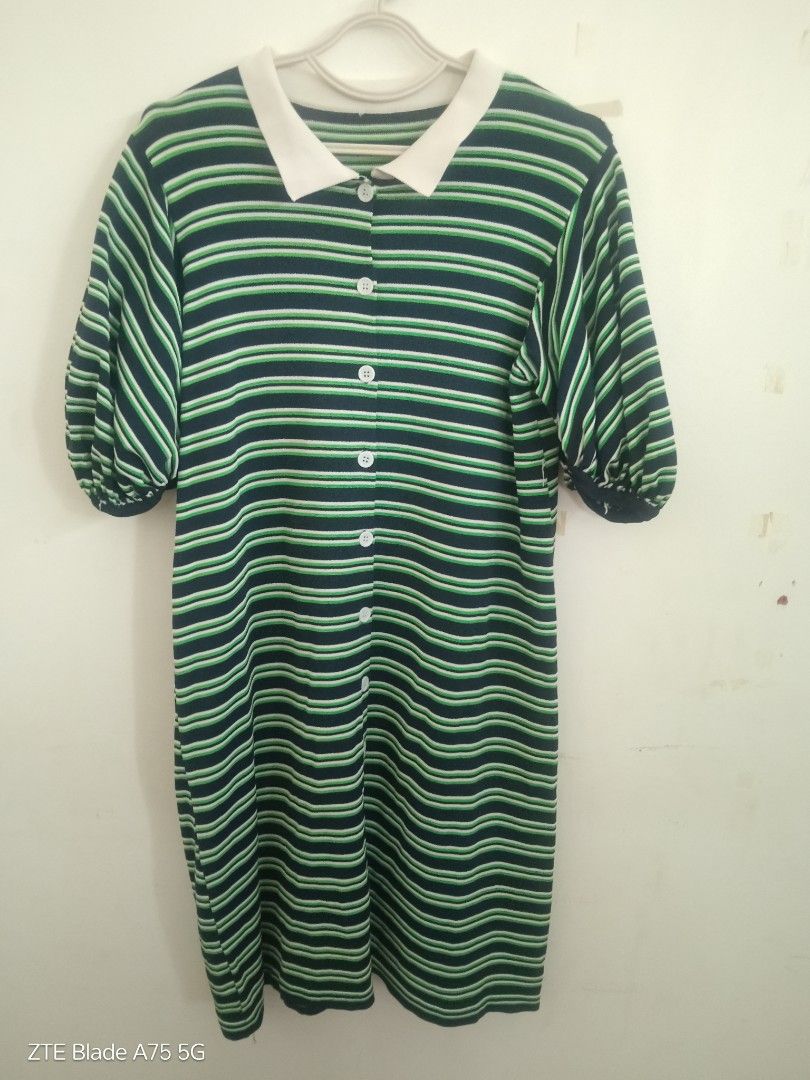 Striped Dress with White Collar (Category: Dresses) located in Manila. Submitted by berrymecreates (Listing ID 1424587162, Image 2). Description: - Green and navy striped pattern - White collar - Button-down front - Short sleeves with puff detail - Made of soft fabric - Ideal for casual wear.