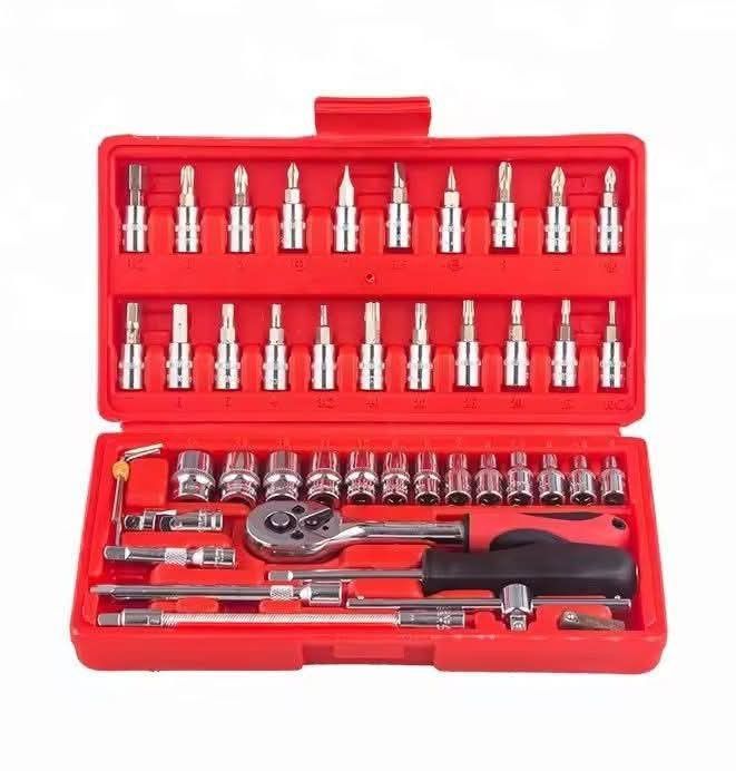 Tool Set with Sockets and Bits (Category: Construction Tools & Equipment) located in Manila. Submitted by yzcartph (Listing ID 1424550440, Image 1). Description: - Comprehensive tool set - Includes sockets, bits, and ratchet wrench - Comes in a red, organized case - Features various socket sizes and screwdriver bits - Includes extension bars and other tools - Suitable for multiple applications.