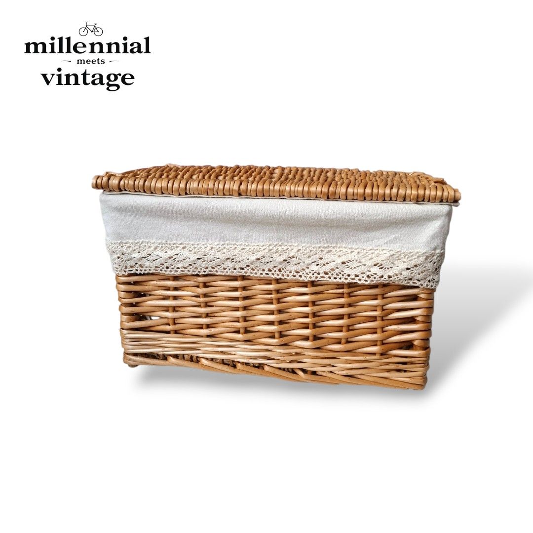 Wicker store basket organizer with cloth lining (Category: Storage Boxes & Baskets) located in Dasmarinas. Submitted by millennialmeetsvintage (Listing ID 1424654302, Image 2). Description: H 22 x L 36 x W 26 cm last price posted 🌍ships from DASMA, CAVITE 🚚 shipping via Lalamove only ❌no reservations, first-to-pay basis ❌no physical store, no walk-ins ❌no COD transactions.
