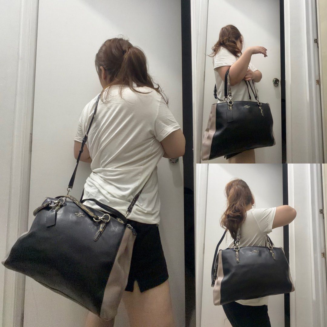 Coach Exotic Trim Christie Carryall (Category: Shoulder Bags) located in San Juan City. Submitted by dbprelovedlux (Listing ID 1424829600, Image 2). Description: - Coach Exotic Trim Christie Carryall - Black and nude color - Snakeskin detailing on handles and detachable shoulder strap - Includes Coach tag - Zipper closure, all ykk zips - Silver hardware - made in vietnam Flaws: signs of use on hardwares, some rubber lining press marks on straps, 