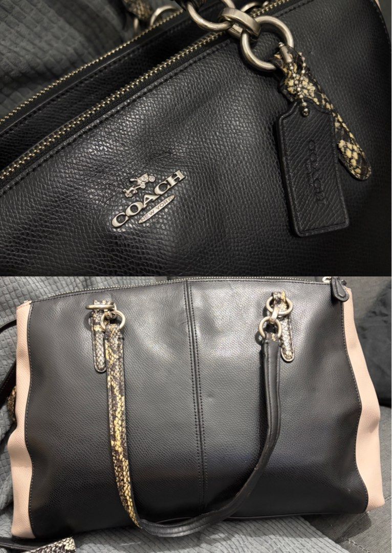 Coach Exotic Trim Christie Carryall (Category: Shoulder Bags) located in San Juan City. Submitted by dbprelovedlux (Listing ID 1424829600, Image 3). Description: - Coach Exotic Trim Christie Carryall - Black and nude color - Snakeskin detailing on handles and detachable shoulder strap - Includes Coach tag - Zipper closure, all ykk zips - Silver hardware - made in vietnam Flaws: signs of use on hardwares, some rubber lining press marks on straps, 
