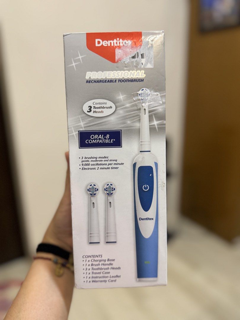 Dentitex Professional Rechargeable Toothbrush (Category: Oral Care) located in Angeles City. Submitted by psumbillo (Listing ID 1424843467, Image 1). Description: Dentitex Rechargeable Toothbrush Blue color Oral-B Compatible From Australia Contents: 1 x charging Base 1 x Brush Handle 3 x Toothbrush Heads 1 x Tavel Case 1 x Instruction Leaflet .