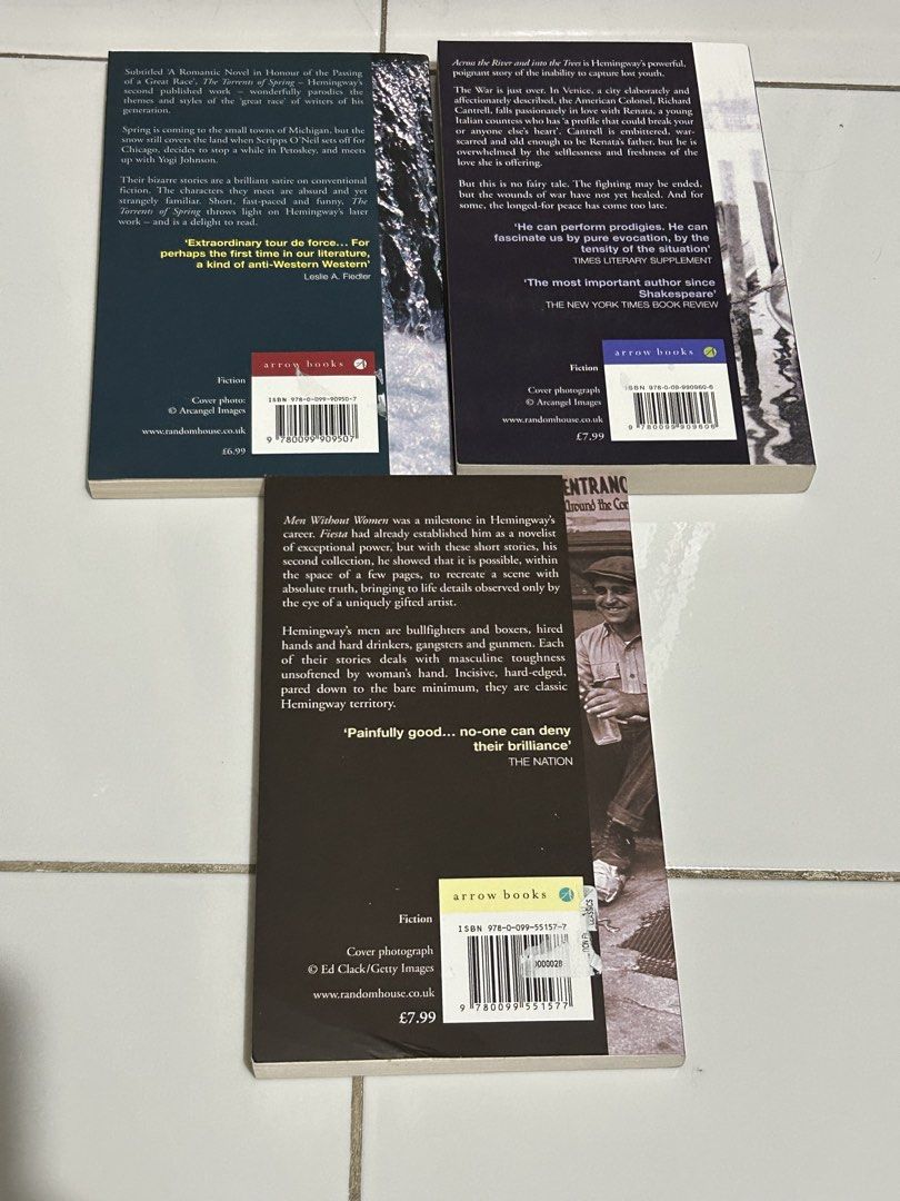 Ernest Hemingway Book Bundle (Category: Storybooks) located in Manila. Submitted by as_declutter (Listing ID 1424862622, Image 2). Description: Titles: - Men without women (with flaw see last photo) -The Torrents of Spring - Across the River and into the Trees 250 each, 650 as a bundle Loc: Manila MOD: ggx, j&t, lalamove Strictly payment first policy‼️.