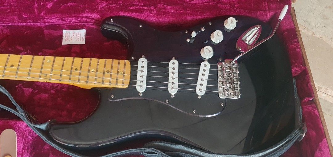 Fluffy customshop stratocaster (David Gilmour black strat) (Category: Musical Instruments) located in Manila. Submitted by Fluffy_music (Listing ID 1424739734, Image 3). Description: Introducing Black Strat (David Gilmour Strat) -. Alder Body -. One piece Maple Neck -. Fender customshop FAT60's Pickup set (Neck & Middle) -. Seymour Duncan SSL-5 Pickup (BRIDGE) -. Raw Vintage Tremolo Bridge assy -. OAK Grigsby 5way section Switch -. David Gilmour 