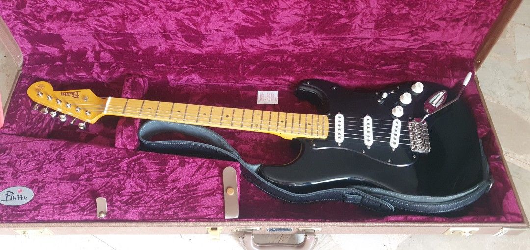 Fluffy customshop stratocaster (David Gilmour black strat) (Category: Musical Instruments) located in Manila. Submitted by Fluffy_music (Listing ID 1424739734, Image 1). Description: Introducing Black Strat (David Gilmour Strat) -. Alder Body -. One piece Maple Neck -. Fender customshop FAT60's Pickup set (Neck & Middle) -. Seymour Duncan SSL-5 Pickup (BRIDGE) -. Raw Vintage Tremolo Bridge assy -. OAK Grigsby 5way section Switch -. David Gilmour 