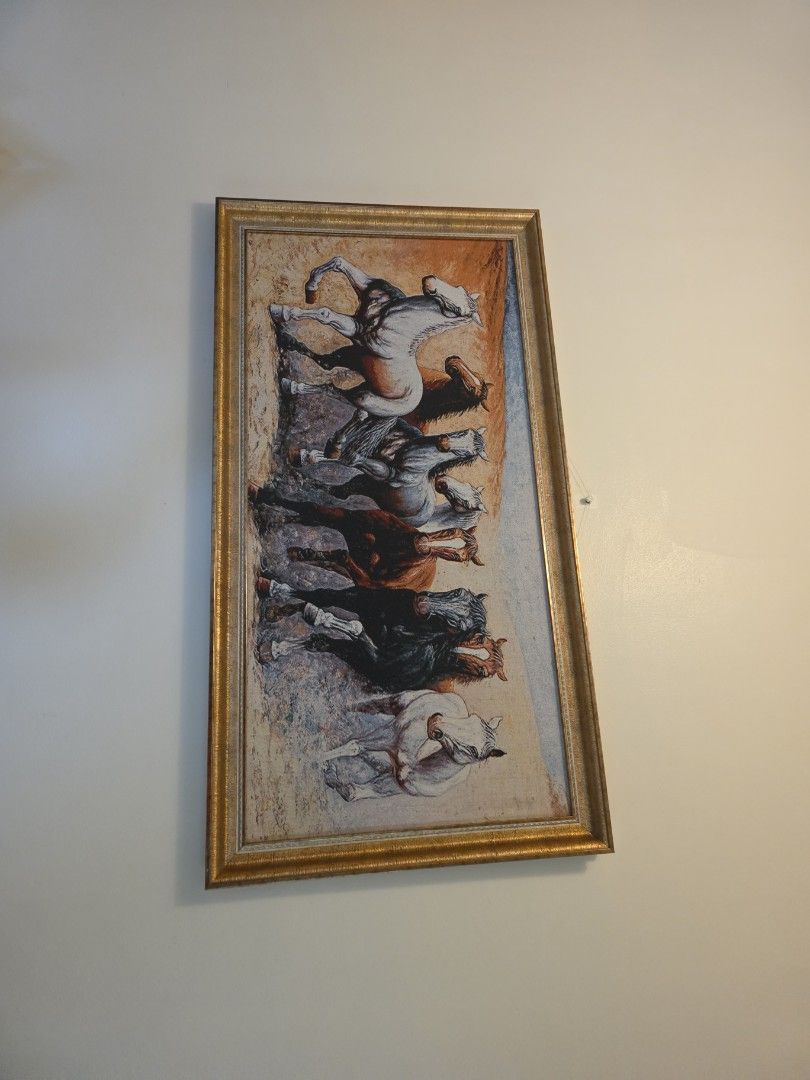 Framed Horse Painting (Category: Wall Decor) located in Manila. Submitted by cher0918 (Listing ID 1424758505, Image 2). Description: Beautiful framed painting featuring a herd of horses. The artwork is set in a gold-colored frame. The painting depicts horses in various colors, running across a landscape. It would be a great addition to any home decor..