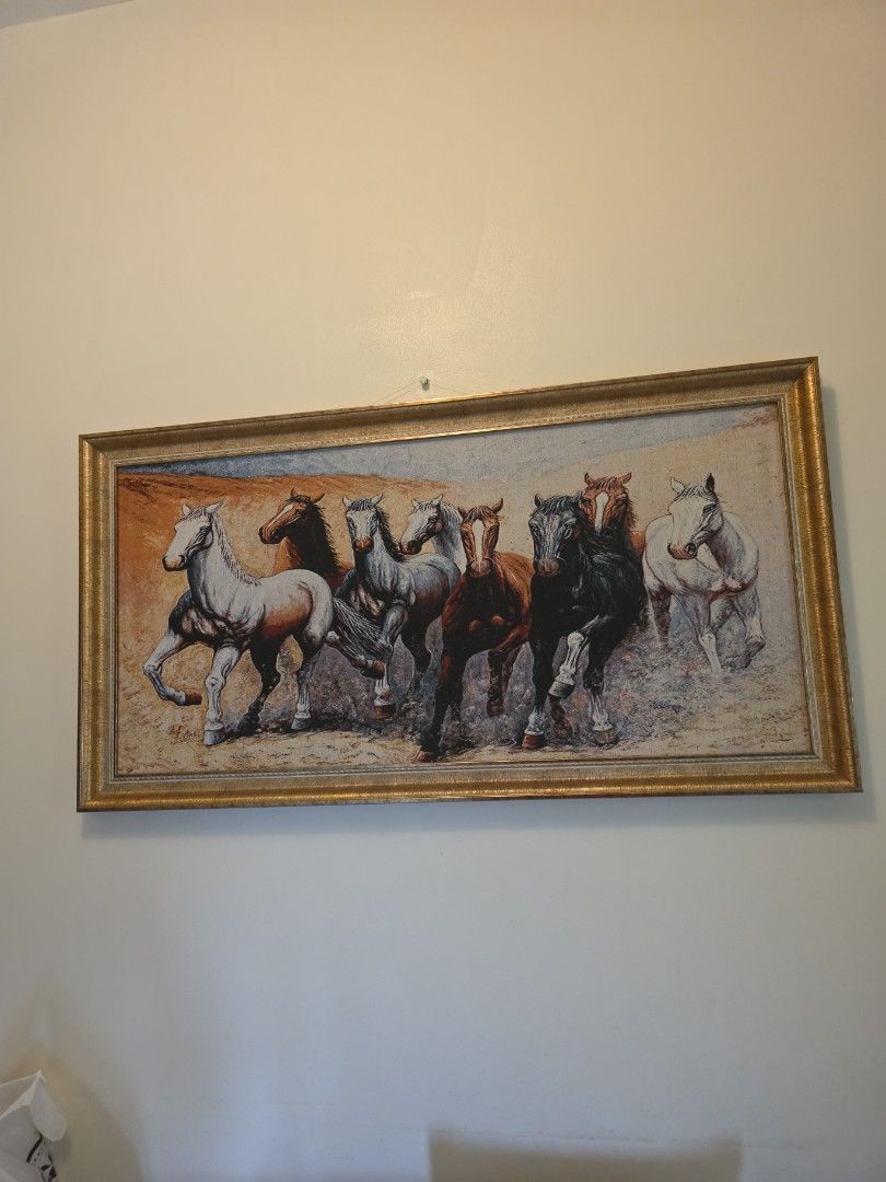 Framed Horse Painting (Category: Wall Decor) located in Manila. Submitted by cher0918 (Listing ID 1424758505, Image 1). Description: Beautiful framed painting featuring a herd of horses. The artwork is set in a gold-colored frame. The painting depicts horses in various colors, running across a landscape. It would be a great addition to any home decor..