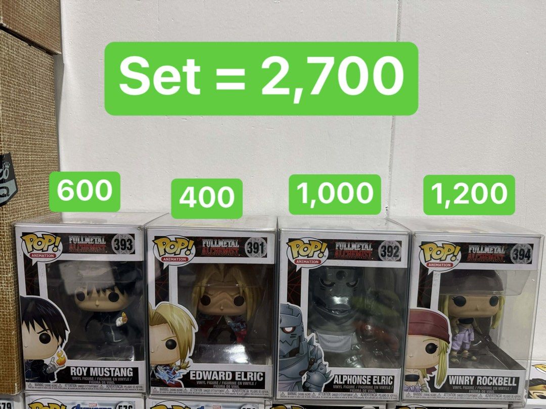 Fullmetal Alchemist Funko Pop Set (Category: Figurines & Statues) located in Manila. Submitted by arukmk (Listing ID 1424854123, Image 1). Description: Funkopop Full Metal Alchemist ❗️All items are in mint condition Set price : ₱2,700 Can be sold individually • Roy ₱600 • Ed ₱ 400 •Al ₱ 1,000 • Winry ₱1,200 📍 Pickup : Town and Country Molino 3 or Camella Springville Molino.