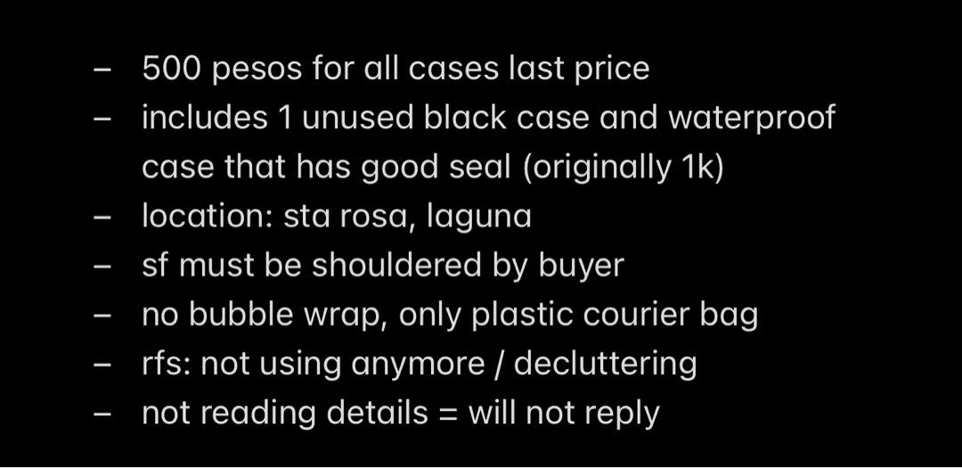iphone 12 cases (waterproof, magsafe, clear, plastic, matte, cute) (Category: Cases & Sleeves) located in Manila. Submitted by gowoncart (Listing ID 1424826122, Image 2). Description: - 400 pesos for all cases last price - includes 1 unused black case and waterproof case that has good seal (originally 1k) - location: sta rosa, laguna - no meetup, delivery only - sf must be shouldered by buyer - no bubble wrap, only plastic courier bag - rfs: not 