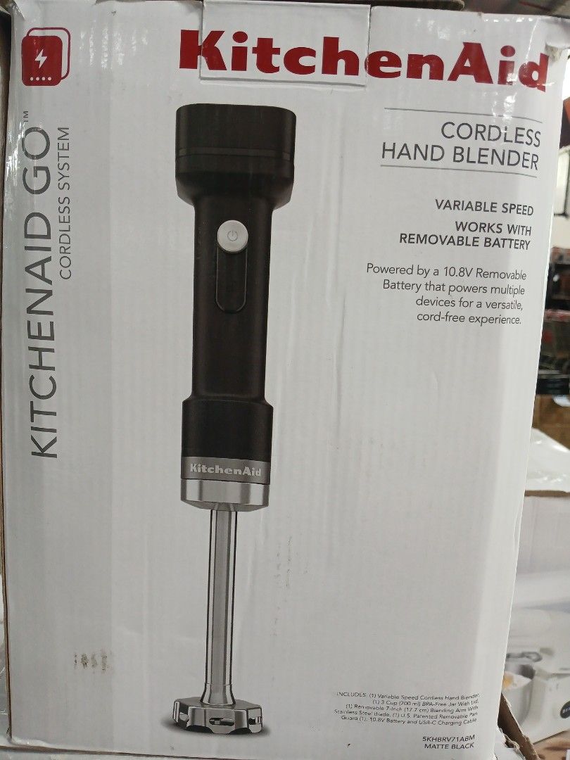KitchenAid Cordless Hand Blender (Category: Juicers, Blenders & Grinders) located in Manila. Submitted by sc_arvin (Listing ID 1424722117, Image 1). Description: KitchenAid Cordless Hand Blender. Features variable speed and works with a removable 10.8V battery. The box indicates it is part of the KitchenAid Go Cordless System. The hand blender is black..