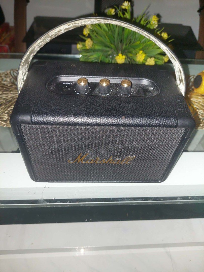 Marshall Killburn II (2) (Category: Soundbars, Speakers & Amplifiers) located in Quezon City. Submitted by loveeedbyrl (Listing ID 1424827942, Image 3). Description: Black Marshall Killburn II portable Bluetooth speaker with a handle. It has gold-colored control knobs on top and the Marshall logo on the front. It is suitable for listening to music at home or on the go. Still nego & lightly used onlyy :) .