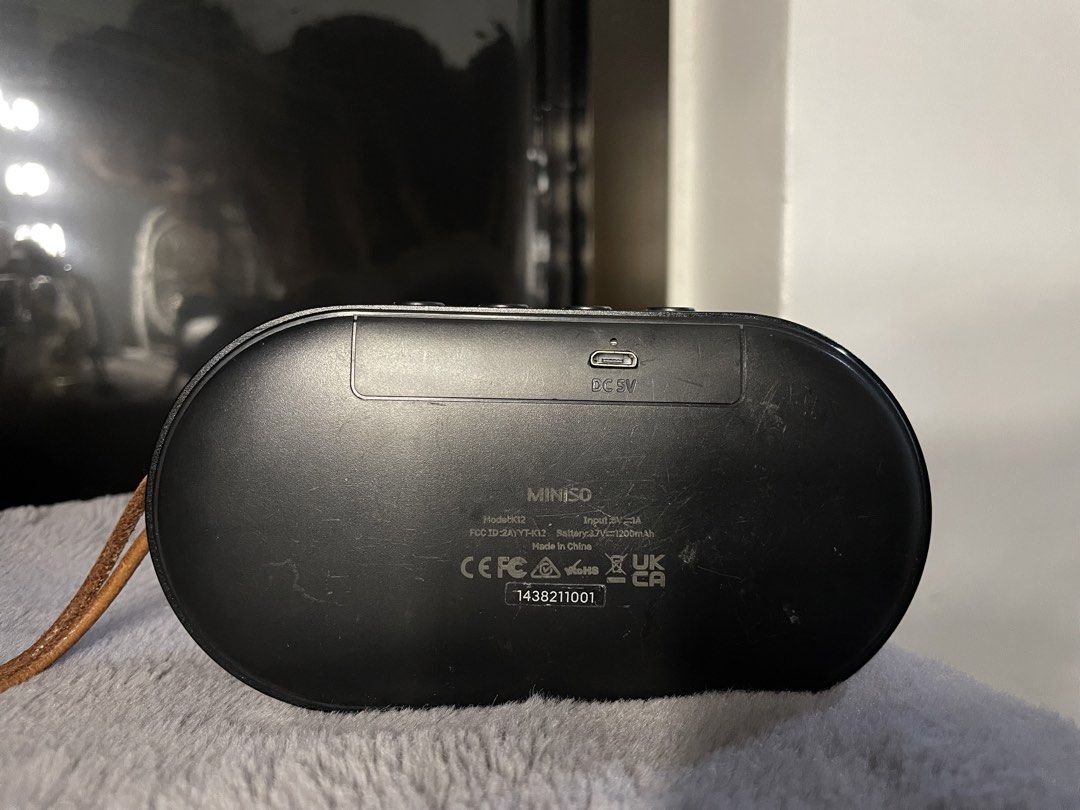 Miniso Bluetooth Speaker (Category: Soundbars, Speakers & Amplifiers) located in Bulacan. Submitted by ynarandom (Listing ID 1424763694, Image 2). Description: rechargeable speaker can last at least 2 hours. working pa, nakatambak nalang..