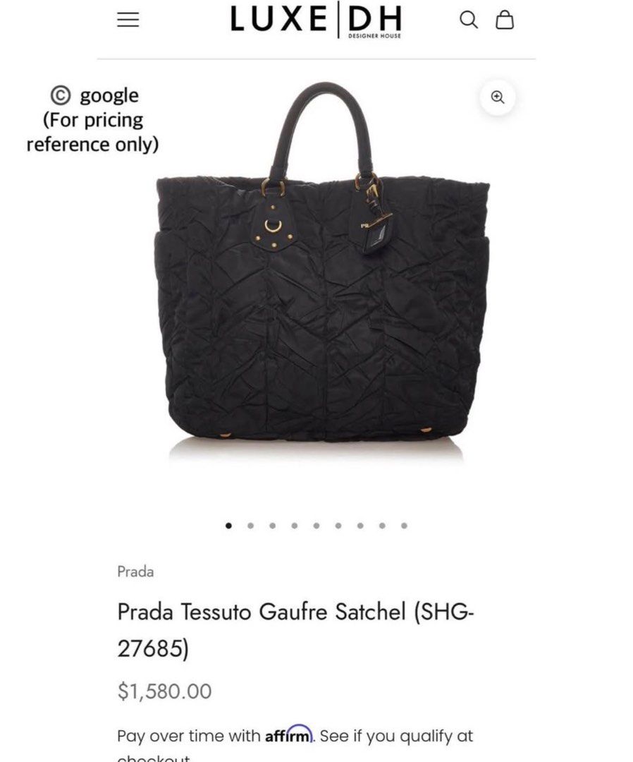 Prada Tessuto Gaufre Satchel (Category: Luxury Bags & Wallets) located in Quezon City. Submitted by theflychicfinds (Listing ID 1424740786, Image 2). Description: [P] RELOVED [P] RADA Nylon Tote Two Way with Sling ( Preloved online at $1500++). Excellent - Mint Condition (Still very nice esp for the low price Color still nice and even, not discolored. No rubs nor cracks. Hardware still Goldish • ). Disclaimer: not affiliated nor associated with a