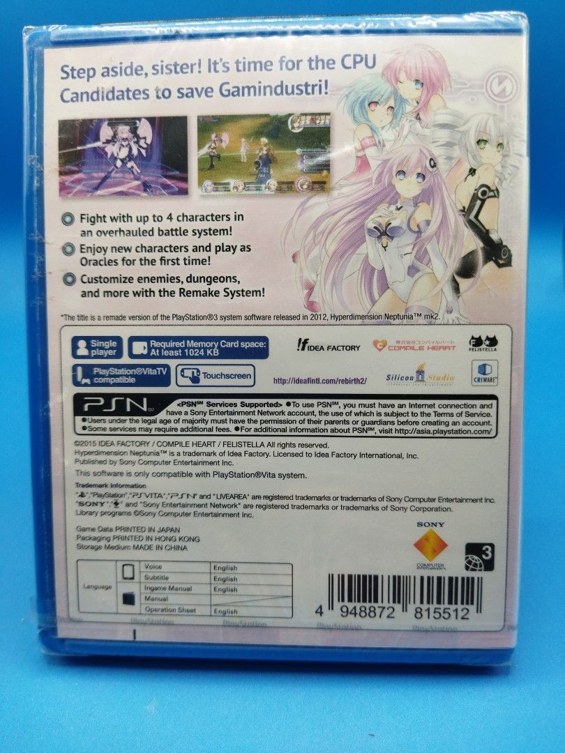 PSVITA Hyper Dimension; Neptunia Re;birth 2 ( JPN ) (Category: PlayStation) located in Mandaluyong City. Submitted by sykarla1 (Listing ID 1424808423, Image 2). Description: PSVITA game Pre owned R- ( JPN ) good working condition Cash on delivery available via lalamove meet up available mandaluyong near by please fallow in FB page; Gamers hub Note For customer trust & confidence we Send actual video/ picture before We ship. Thank you .