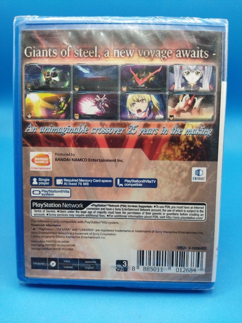 PSVITA Super Robot Wars V ( JPN ) (Category: PlayStation) located in Mandaluyong City. Submitted by sykarla1 (Listing ID 1424794685, Image 2). Description: - Super Robot Wars V for PS Vita - Features mecha anime crossover - Single-player mode - Requires a memory card - Published by Bandai Namco Entertainment - Suitable for ages 16+ - Box art: Mecha characters and tagline "Giants of steel, a new voyage awaits.".