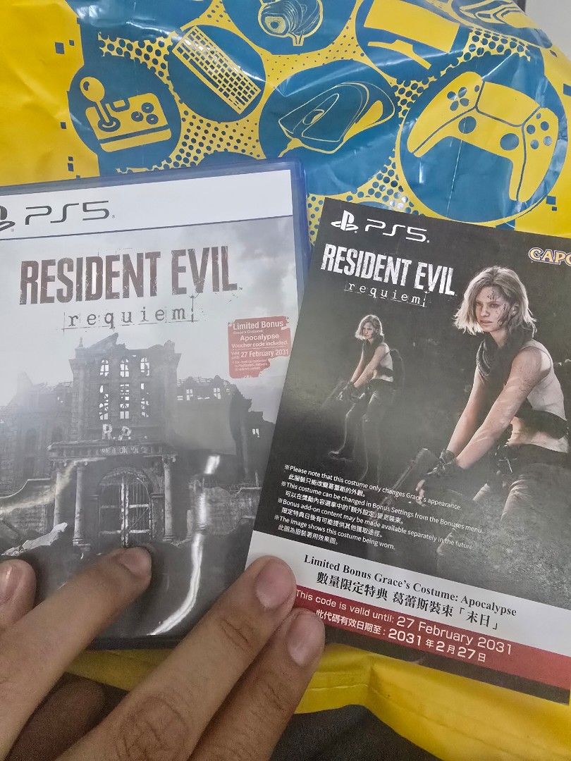 Resident Evil Requiem PS5 (Category: PlayStation) located in Manila. Submitted by chrisriggs12059 (Listing ID 1424749885, Image 1). Description: Resident Evil Requiem for PS5. Includes the game disc and a bonus code. The code is valid until February 27, 2031. The game features the title "Resident Evil Requiem" on the cover. The game is for the Playstation 5 console..