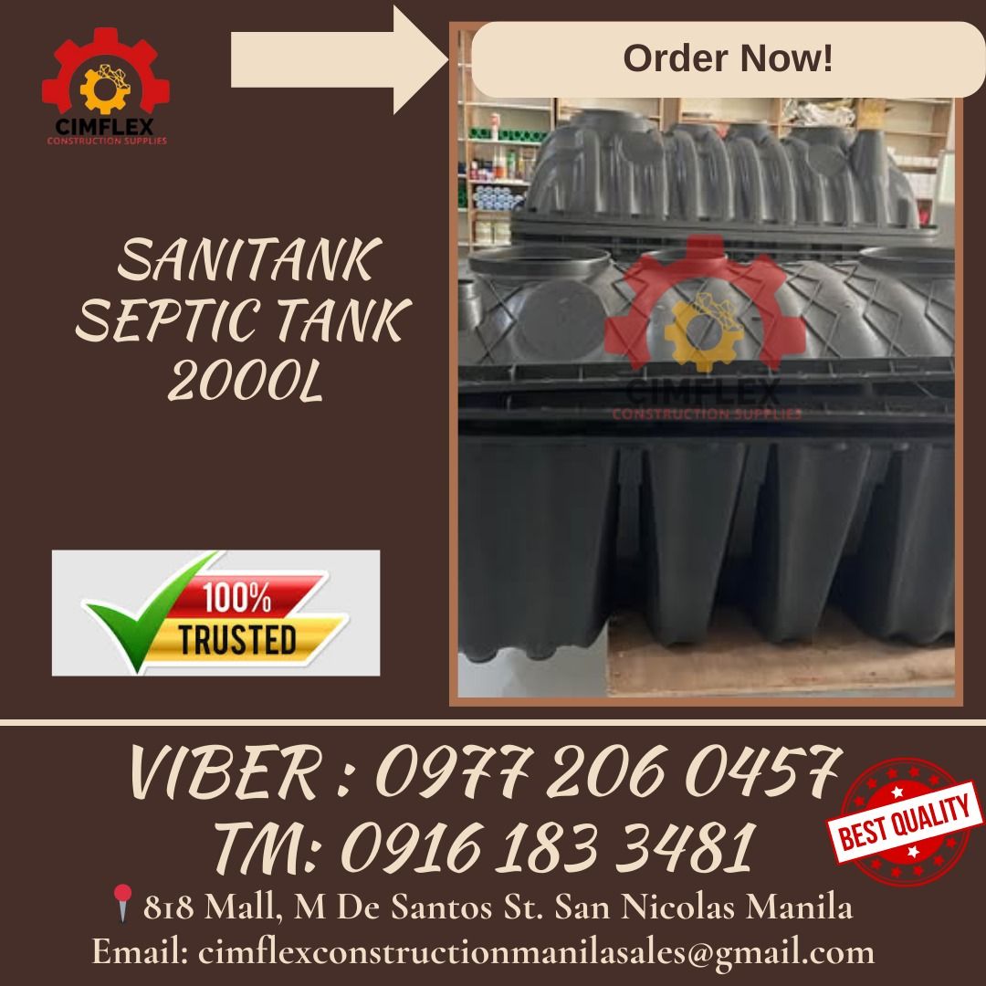 sanitank septic tank 2000L (Category: Construction Tools & Equipment) located in Manila. Submitted by cimflexcon63754 (Listing ID 1424713251, Image 1). Description: SANITANK SEPTIC TANK 2000L .