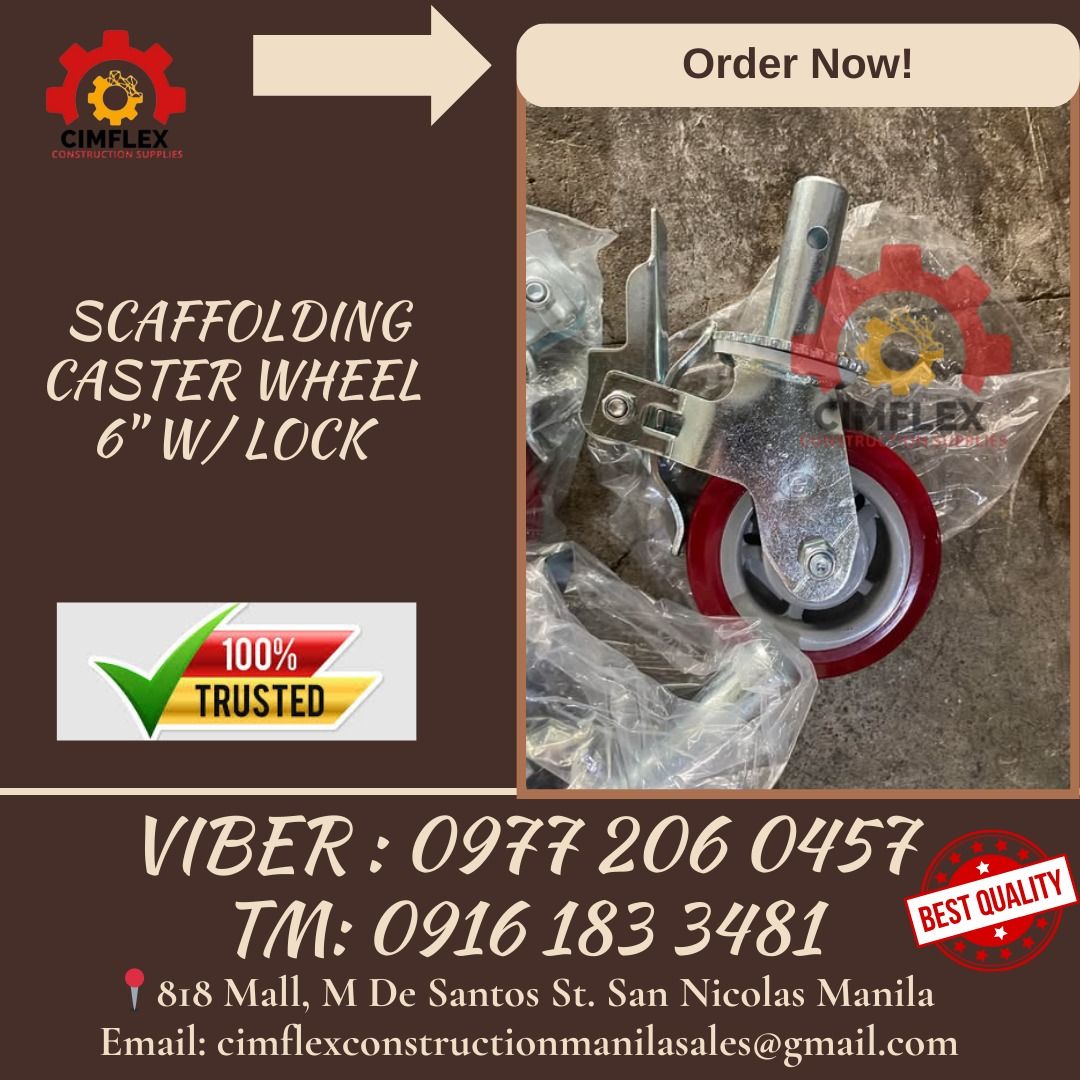 SCAFFOLDING CASTER WHEEL 6'' WITH LOCK (Category: Cleaning Tools & Supplies) located in Manila. Submitted by cimflexcon63754 (Listing ID 1424713769, Image 1). Description: SCAFFOLDING CASTER WHEEL 6'' WITH LOCK .