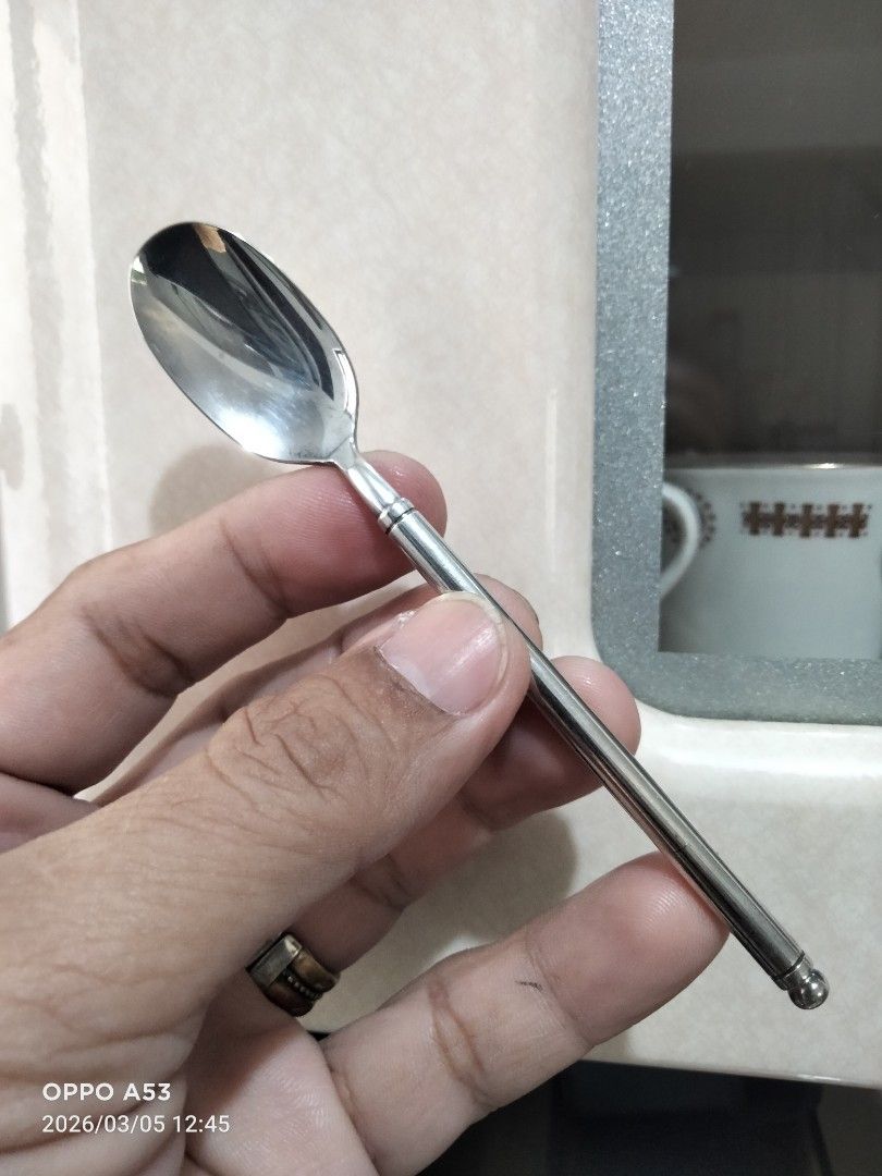 Silver Spoon 17.5 grams (Category: Dinnerware & Cutlery) located in Carmona. Submitted by rpute (Listing ID 1424742218, Image 1). Description: Small stainless steel spoon. It has a long, slender handle with a rounded end. The spoon's bowl is oval-shaped. Perfect for stirring coffee or tea..
