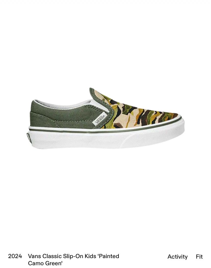 Vans Slip-On Painted Camo Green (Category: Sneakers) located in Muntinlupa City. Submitted by dims.06 (Listing ID 1424712716, Image 1). Description: Vans Slip-On shoes in a Painted Camo Green colorway. FOR ONLY 750!! ✨ It looks like new pa po bilhin nyo na pls ☺️ can give a last price pa, dm lang .