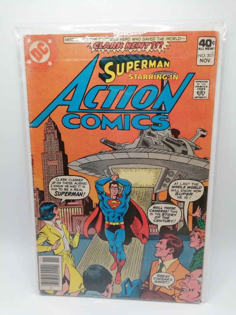Vintage DC Comics Action Comics #501 November 1979 (Category: Comics & Manga) located in Davao. Submitted by henniescomics (Listing ID 1424781196, Image 1). Description: This is Action Comics #501, published by DC Comics in November 1979. It belongs to the "Bronze Age" of comic books and features a story titled "The Mystery of the Mild-Mannered Superman," where Superman and Clark Kent essentially trade personalities. Tanned pages but texts are no