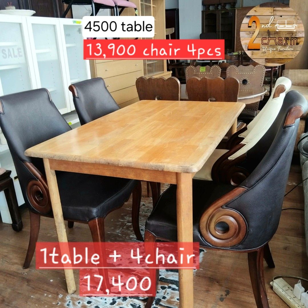 2nd hand Wooden Dining Table with 4 Chairs 5pcs set (Category: Tables & Sets) located in Paranaque City. Submitted by feybelhaft (Listing ID 1424965792, Image 2). Description: Elegant wooden dining table with four matching chairs. The chairs feature a unique design with curved backs and armrests. The table has a rectangular shape with a light wood finish. This set is perfect for a dining room or kitchen. The chairs have a mix of light and dark up