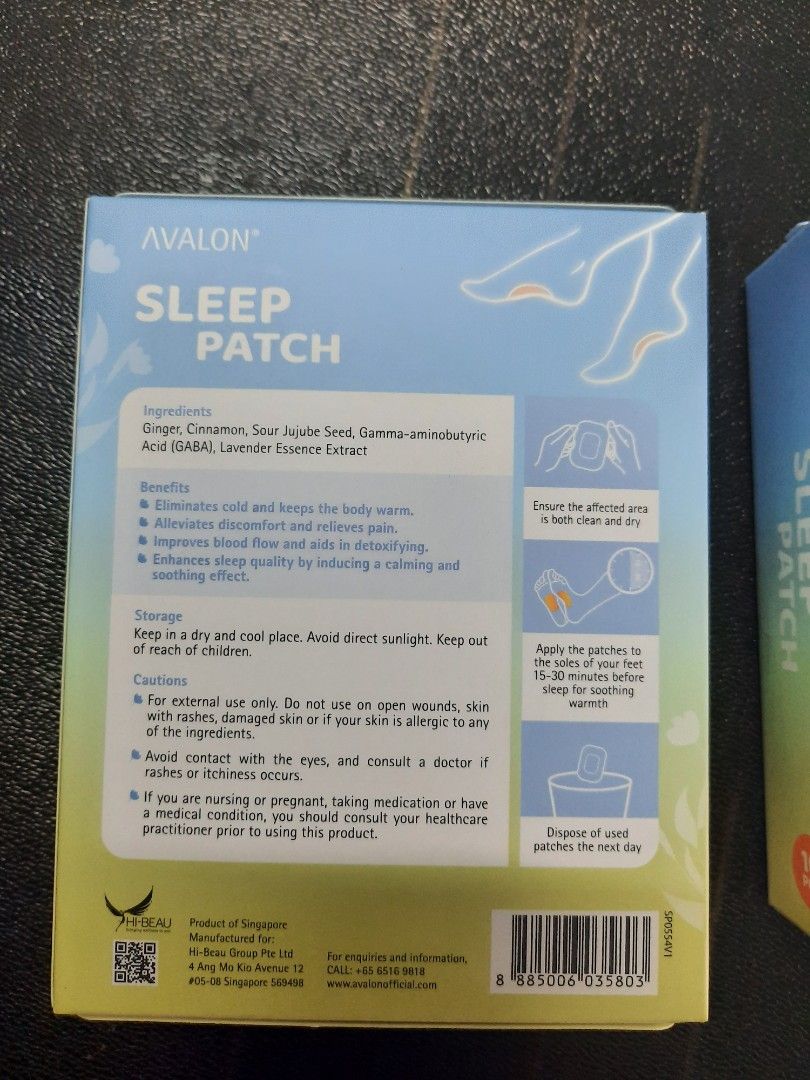 Avalon Sleep Patch (Category: Vitamins & Supplements) located in Singapore. Submitted by sparklingpie (Listing ID 1424890010, Image 2). Description: Unopen 2 boxes. Each box contains 10 patches. The patches are designed to help you sleep better. Expiry date is 19/8/2027. For external use only. Take 2 boxes for $10. .