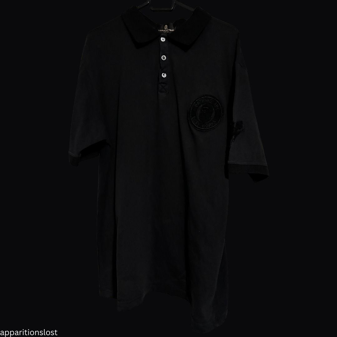 BAPE "Busy Works" Pique Polo (Category: Tshirts & Polo Shirts ) located in Pasig City. Submitted by apparitionslost (Listing ID 1425021055, Image 1). Description: +sf Preloved Black-on-Black Embroidery, Busy Works Circle Logo Length: 30in Width: 21in Off? GCash only.