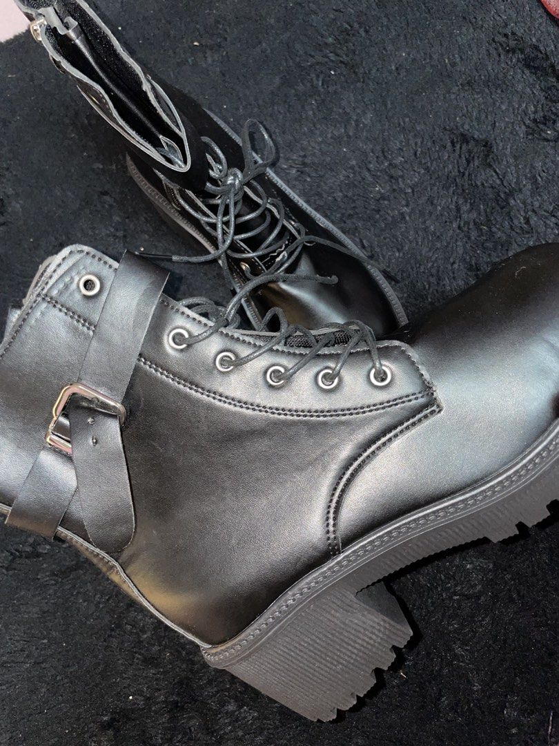Black Combat Boots with Buckle Detail (Category: Boots) located in Calamba. Submitted by raaveenc (Listing ID 1424921460, Image 3). Description: Black Boots with Tie! Cute nito, never worn :) Get niyo na.