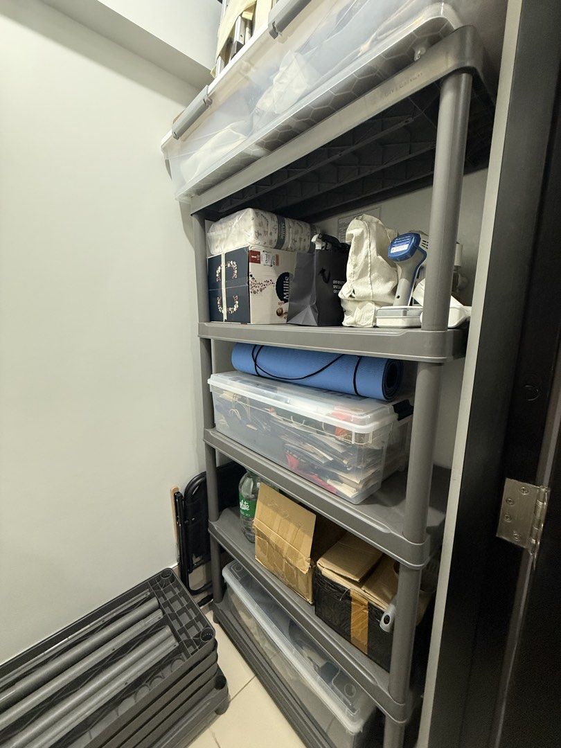 Brand new Storage Rack (Category: Storage Boxes & Baskets) located in Mandaluyong City. Submitted by lulubelle86 (Listing ID 1425022781, Image 3). Description: Sturdy Virgin Plastic 5-layer storage rack. Width: 15 inches Length: 35 inches Can hold 750 lbs weight Unassembled.
