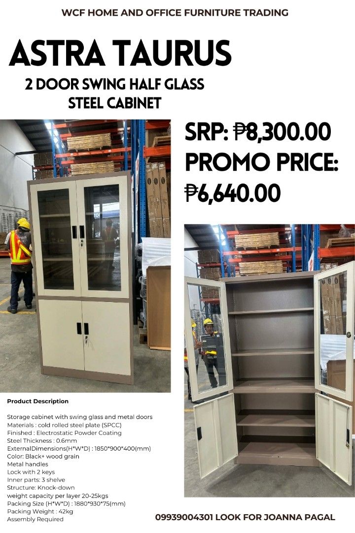 CANCELLED ORDER Astra Taurus 2 Door Swing Half Glass Steel Cabinet (Category: Shelves, Cabinets & Racks) located in Quezon City. Submitted by wcfhomeandoffice (Listing ID 1424971456, Image 1). Description: Astra Taurus 2-door swing half-glass steel cabinet. Features a storage cabinet with swing glass and metal doors. Made of cold-rolled steel plate (SPCC) with a powder coating finish. Dimensions are 1850x900x400mm. Includes 2 keys. Promo price is