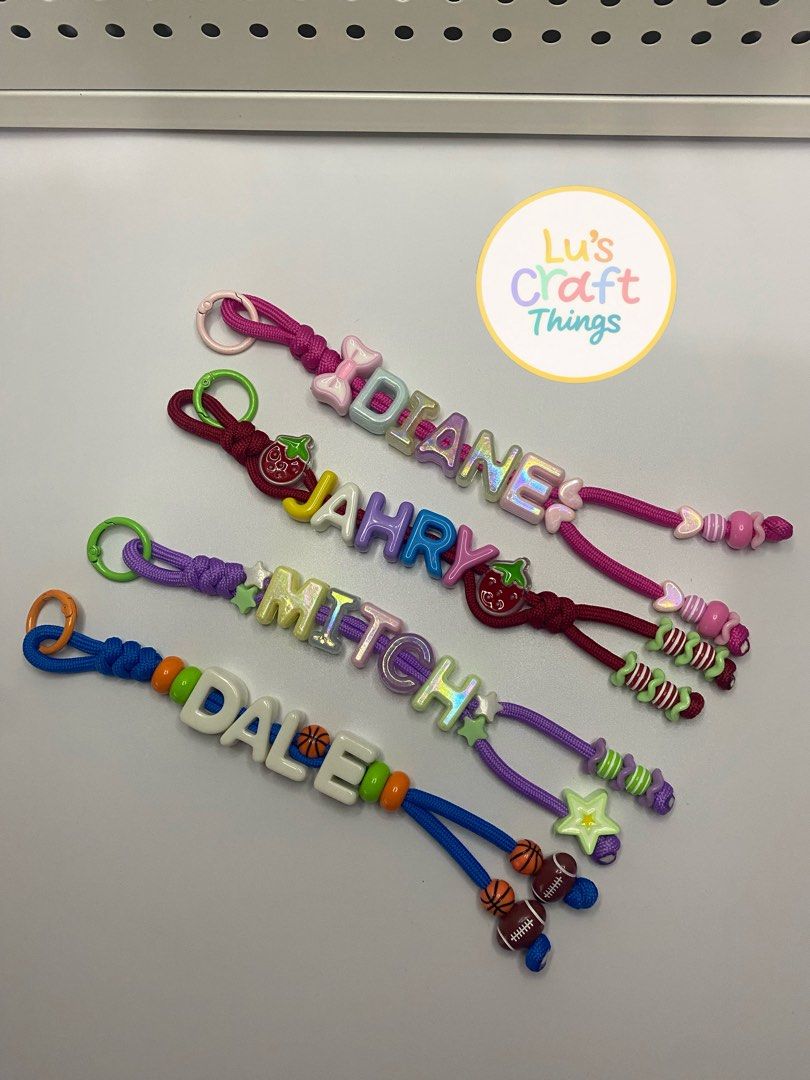 Customized Name Keychains (Category: Handmade Craft) located in Rodriguez. Submitted by lulufindsatbp (Listing ID 1424945891, Image 2). Description: Personalized Chunky Keychain Starts at ₱100 - 5 letters, with 1 special beads and free spacers Additional letters or special beads 5 pesos each. Sf will be shoulder by the buyer.